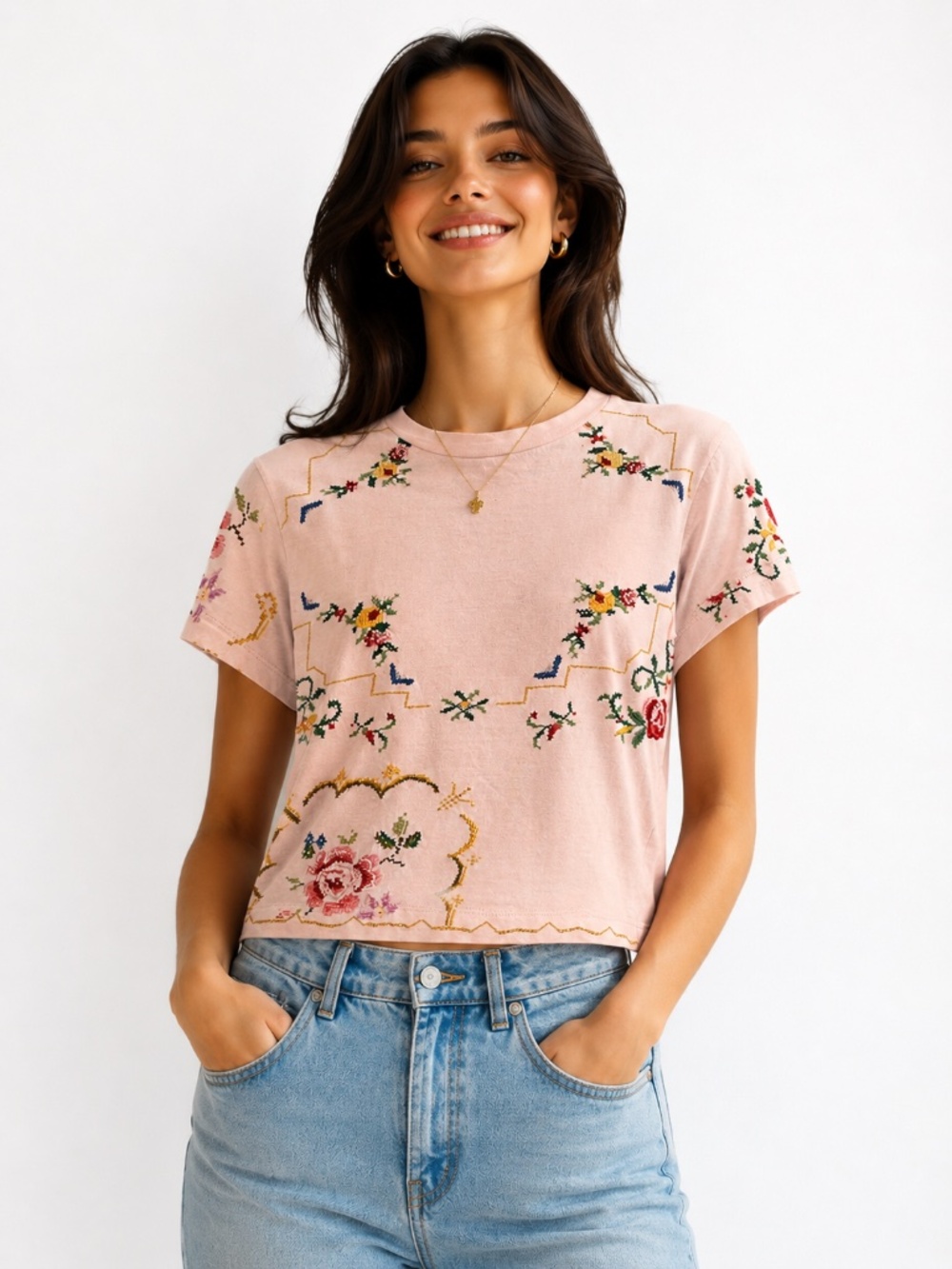 BDG cropped boxy pink T shirt S crochet floral oversized/relaxed cotton soft